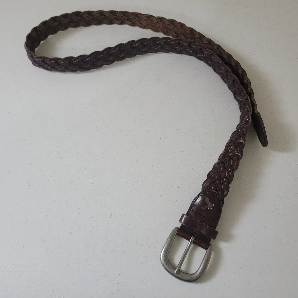 American Eagle Size L/XL Braided Belt Women Dark Brown Leather Silver Buckle